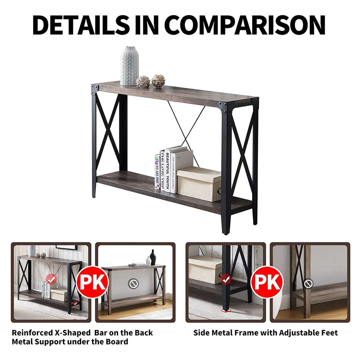 46 Inch 2-Tier Dark Rustic Oak Console Table U72967