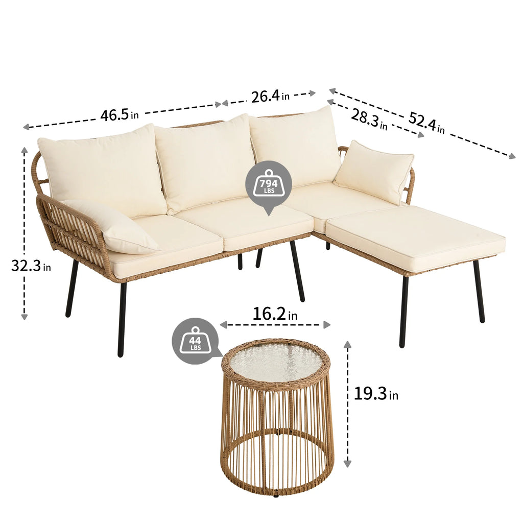 L-Shaped Wicker Patio Sofa Set with Cushions and Coffee Table P826633