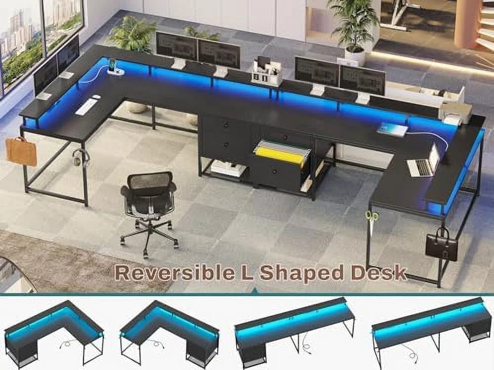Black L Shaped Corner Computer Desk with Drawers O613