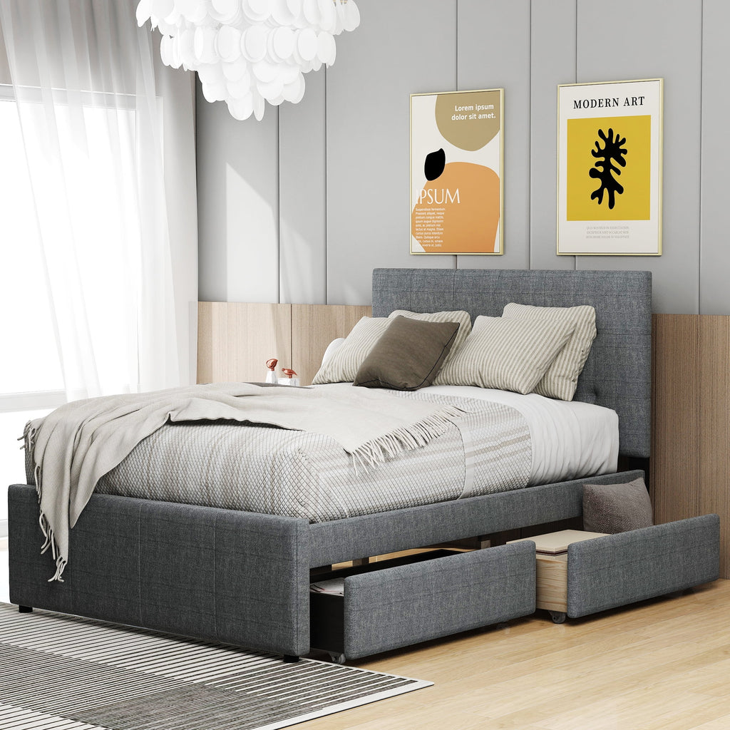 Gray Upholstered Full Size Platform Bed with 2 Drawers B5646