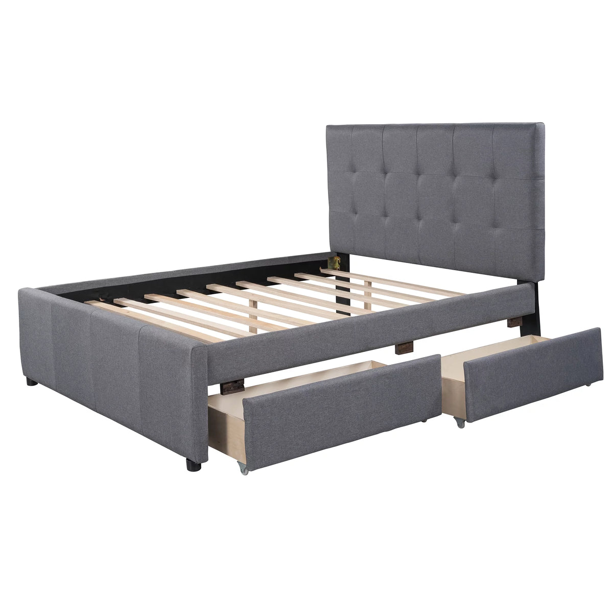 Gray Upholstered Full Size Platform Bed with 2 Drawers B5646