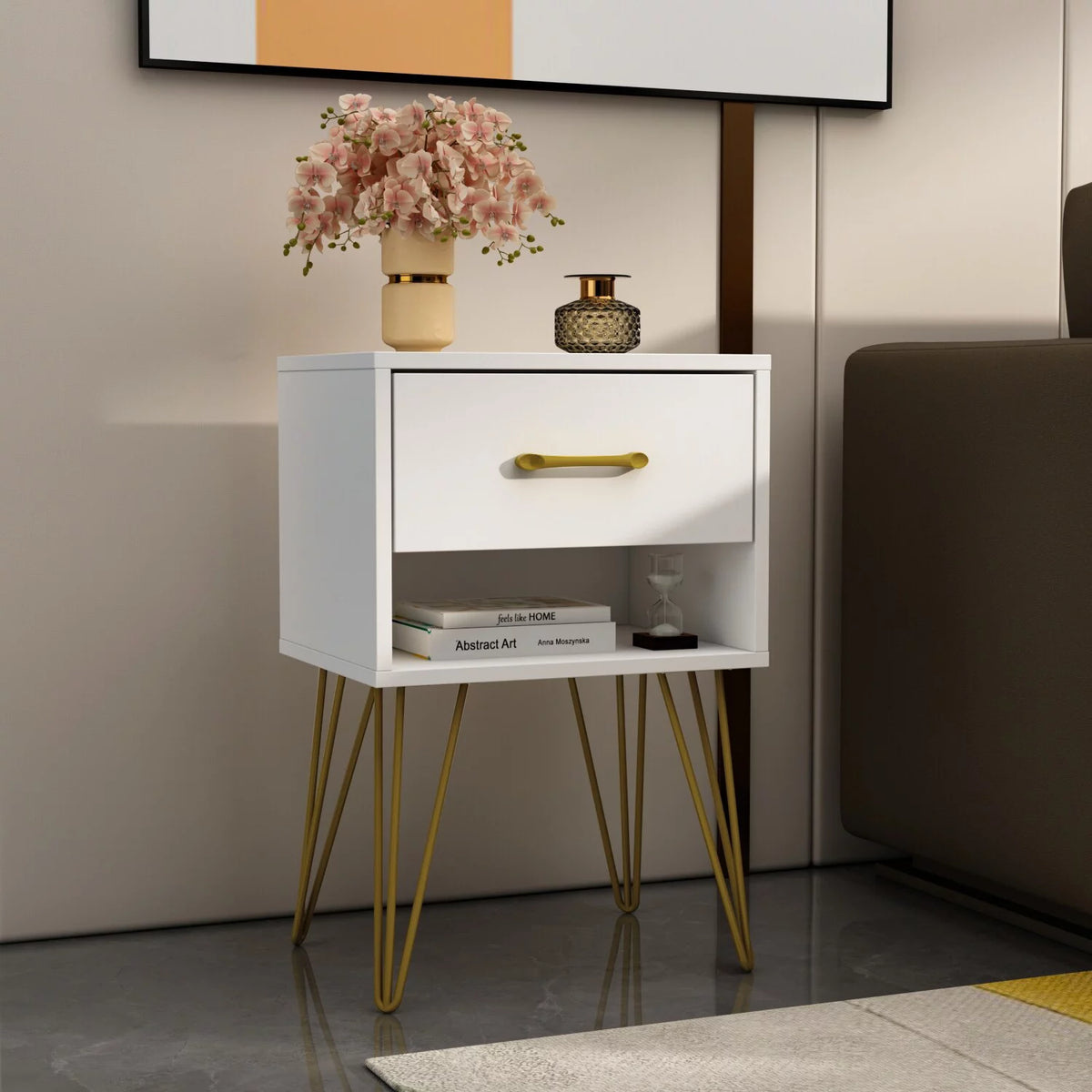 Black 1 Drawer Wood Nightstand with Metal Legs N224203