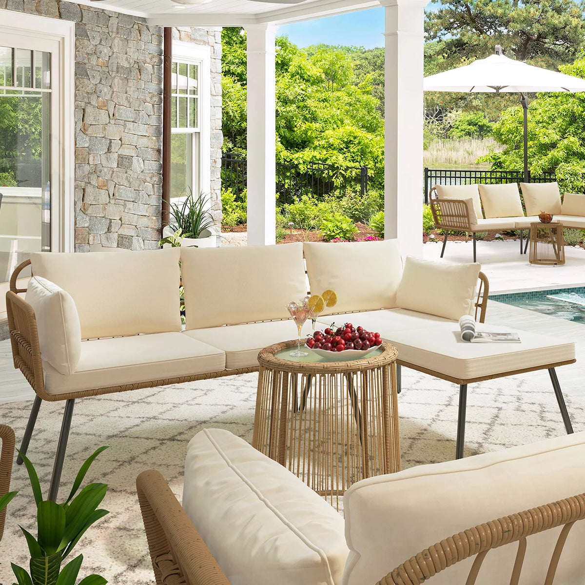 L-Shaped Wicker Patio Sofa Set with Cushions and Coffee Table P826633