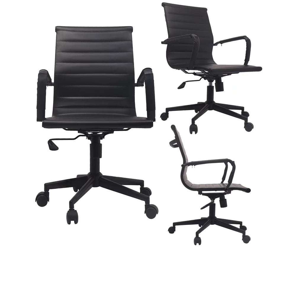 Mid Century Black PU Leather Office Chair with Arms and Wheels H89615