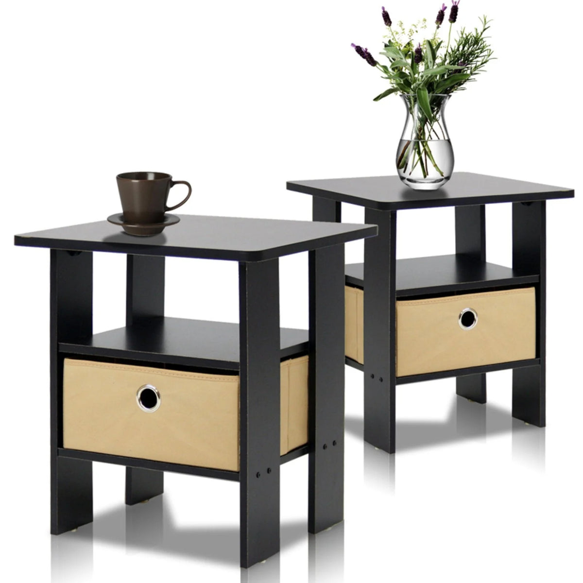 French Oak Grey Black Set of 2 End Table Nightstand with Bin Drawer O5093