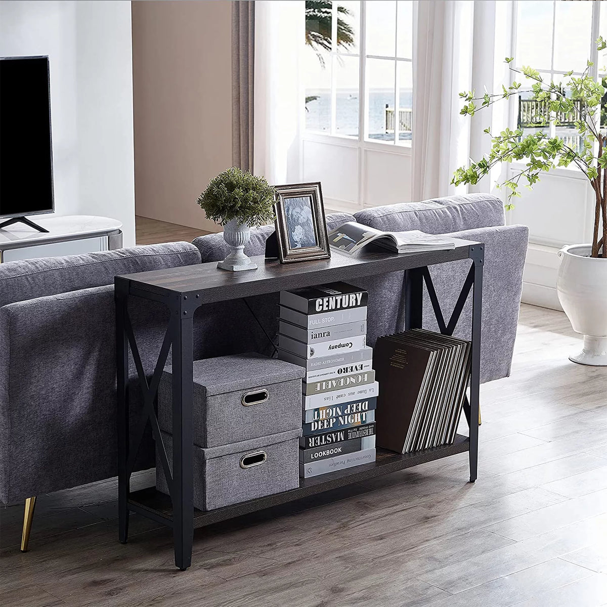 46 Inch 2-Tier Dark Rustic Oak Console Table U72967