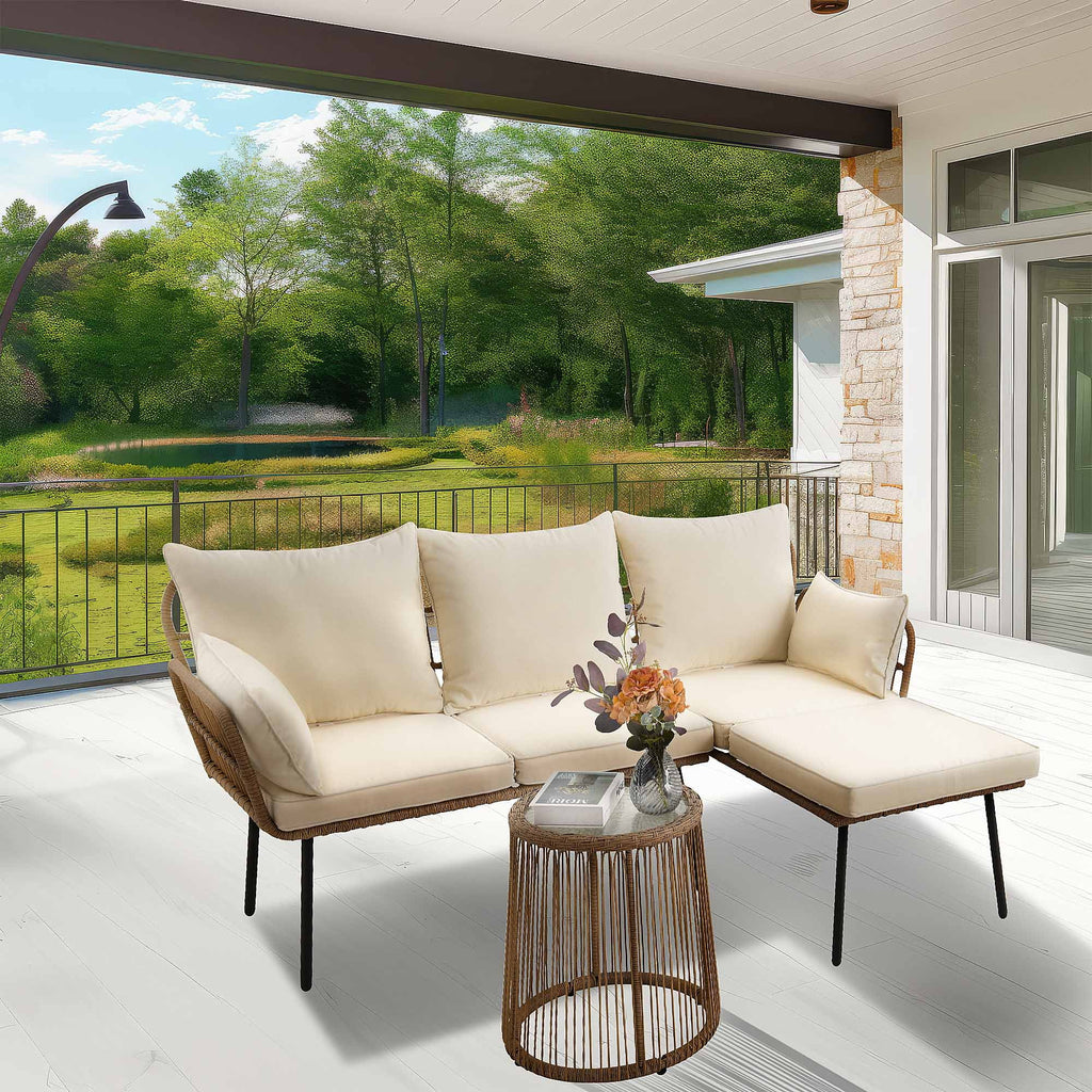 L-Shaped Wicker Patio Sofa Set with Cushions and Coffee Table P826633