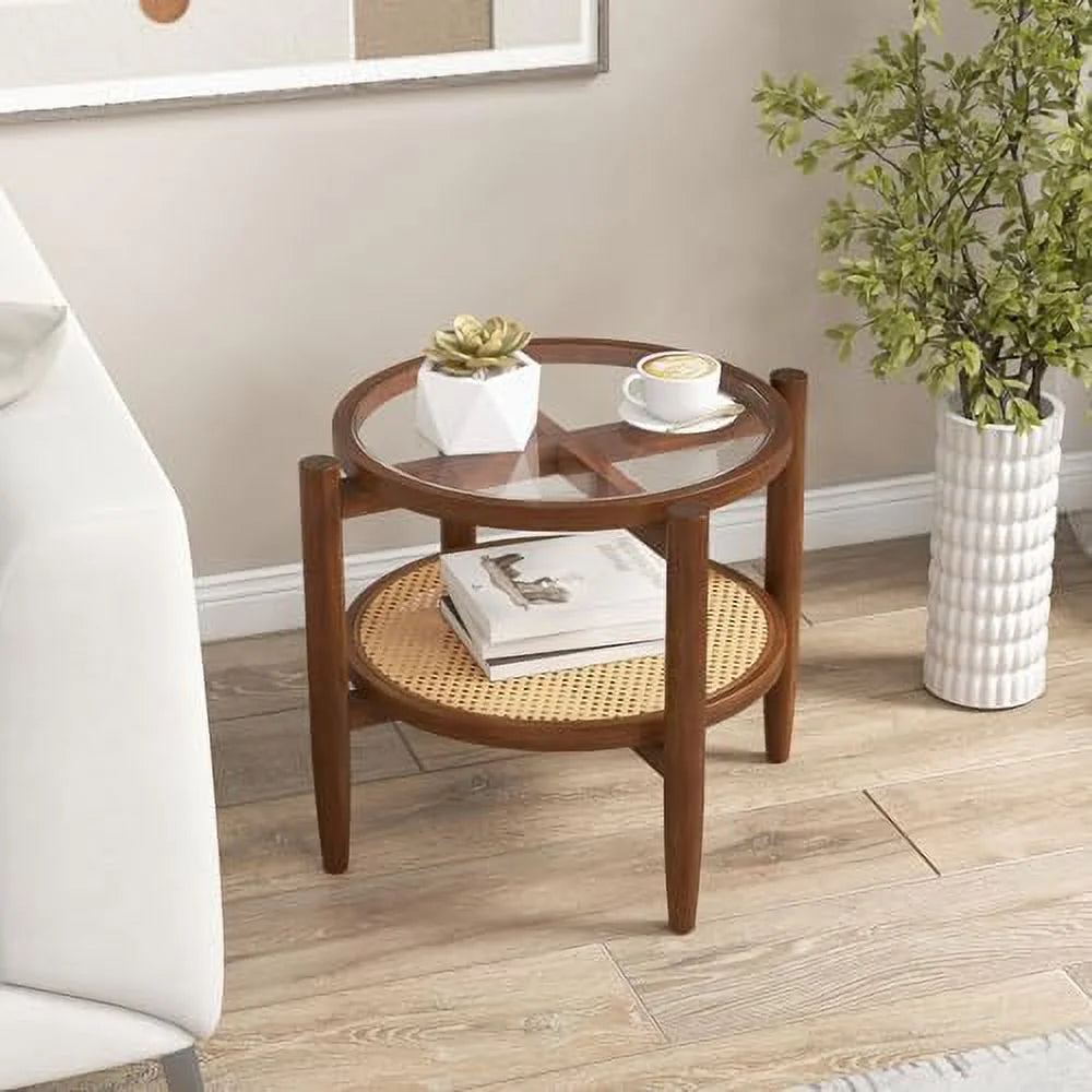 Rattan Round End Table with Tempered Glass Top and Acacia Wood Legs W62568
