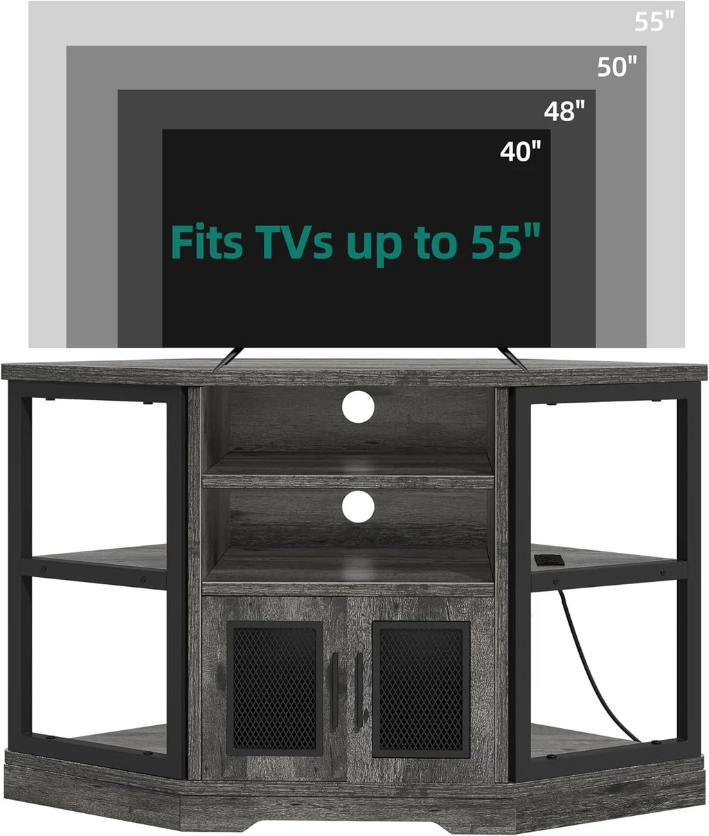 Corner TV Stand up to 55 Inch with Power Outlet, Gray Oak I396270