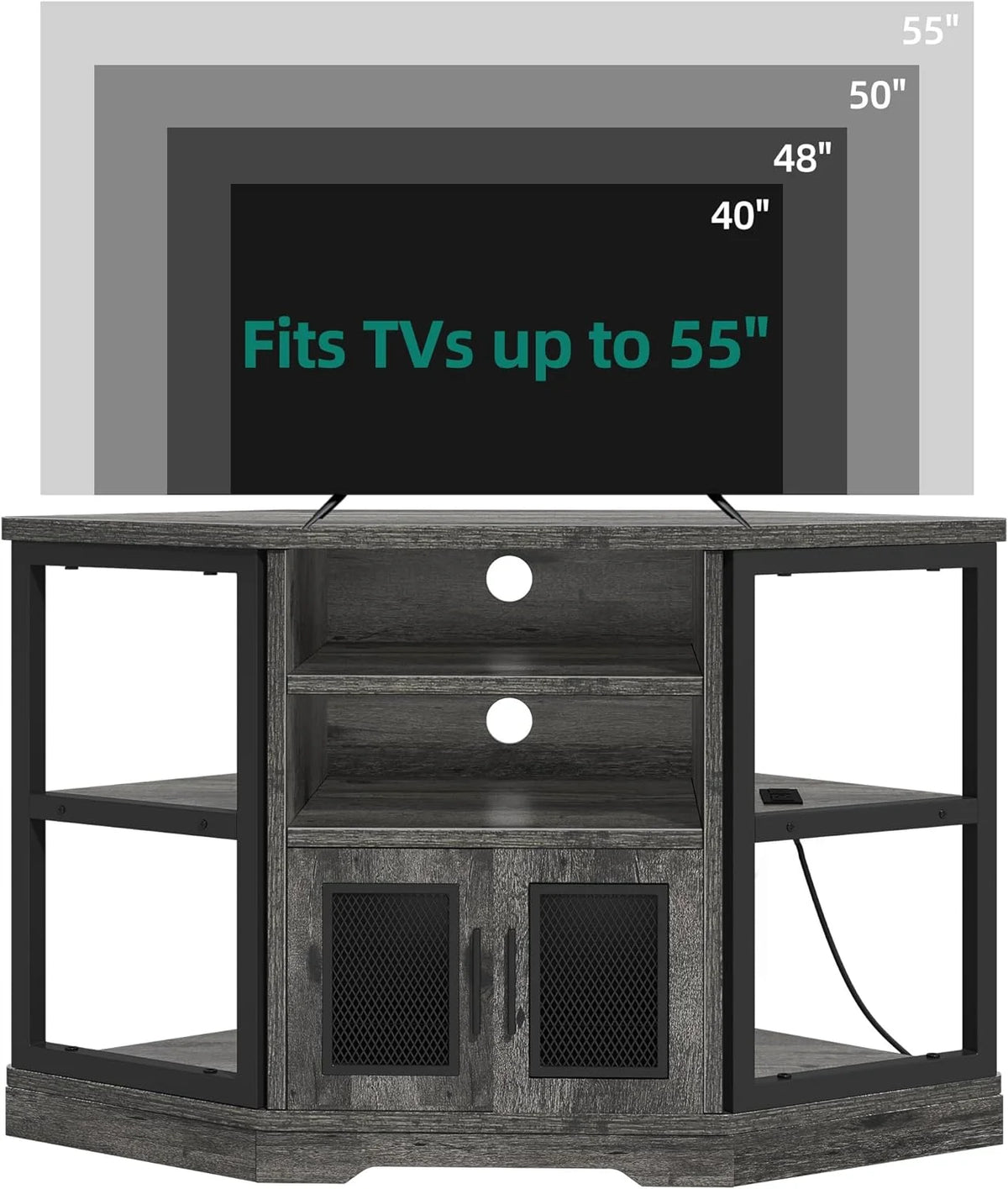 Corner TV Stand up to 55 Inch with Power Outlet, Gray Oak I396270