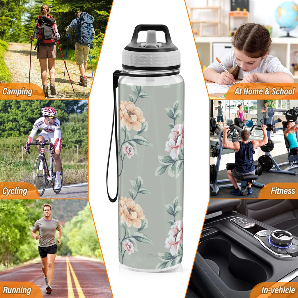 Pink Flowers Green Leaves 32oz Tritan Leakproof Sports Bottle B1300