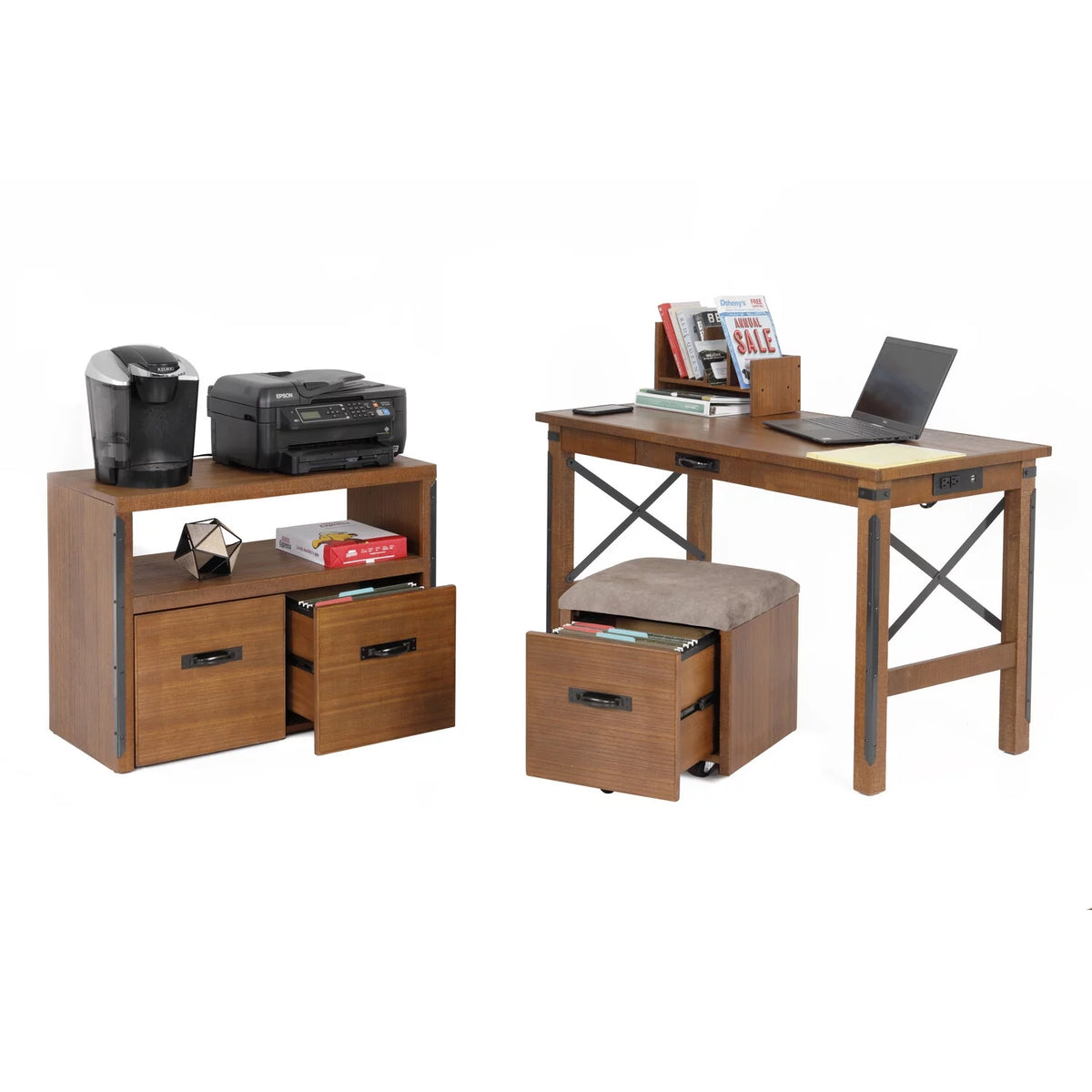 30 x 47.5 x 47.5 in Desk with USB Ports, File Cabinet and Machine Stand S8723