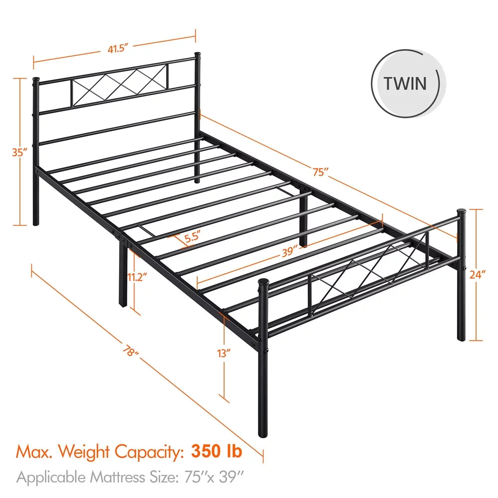 Black Twin Metal Slatted Bed Frame with Headboard Footboard S5250