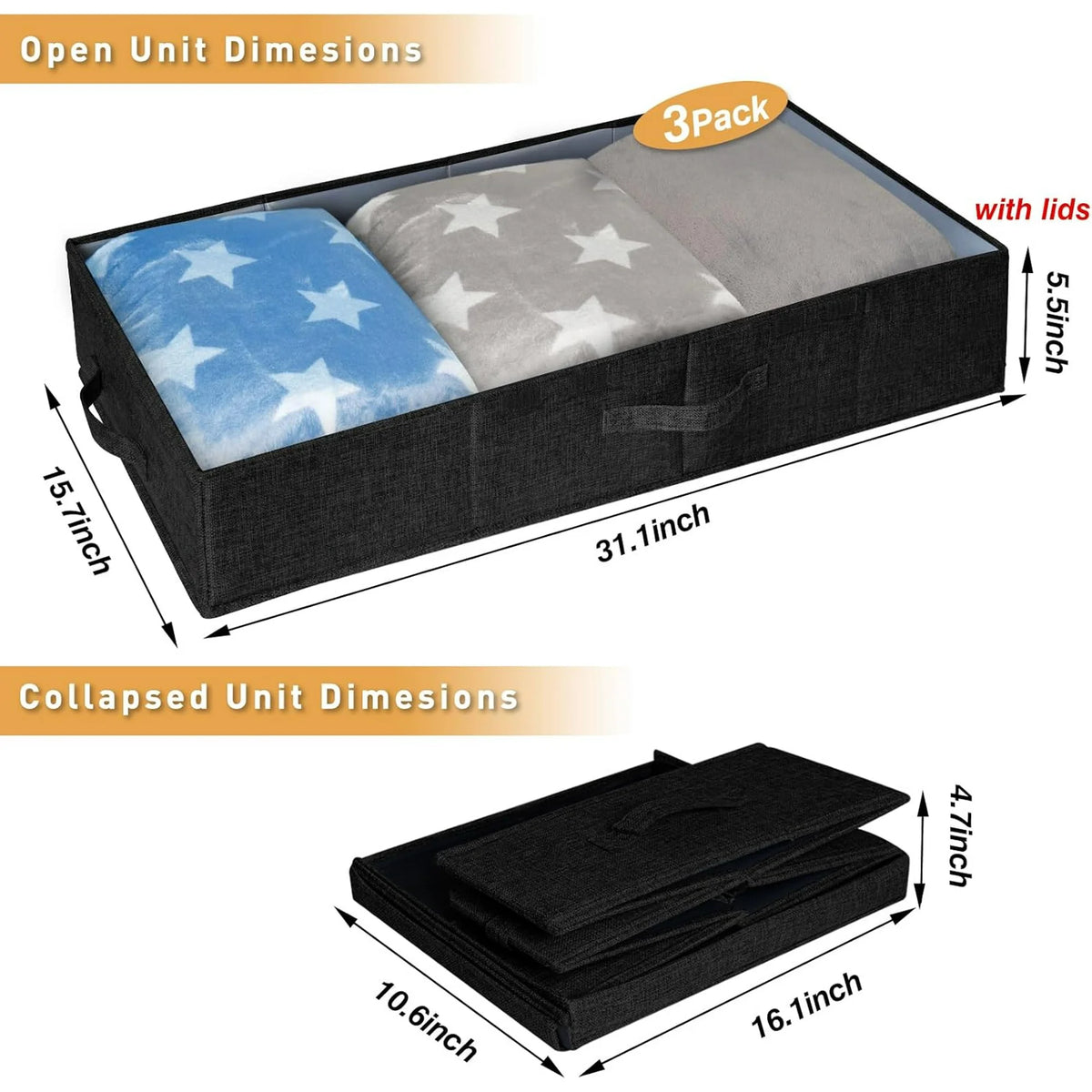 Black 3 Pack Underbed Storage Containers with Handles S8683