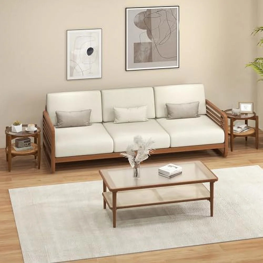 Rattan Round End Table with Tempered Glass Top and Acacia Wood Legs W62568