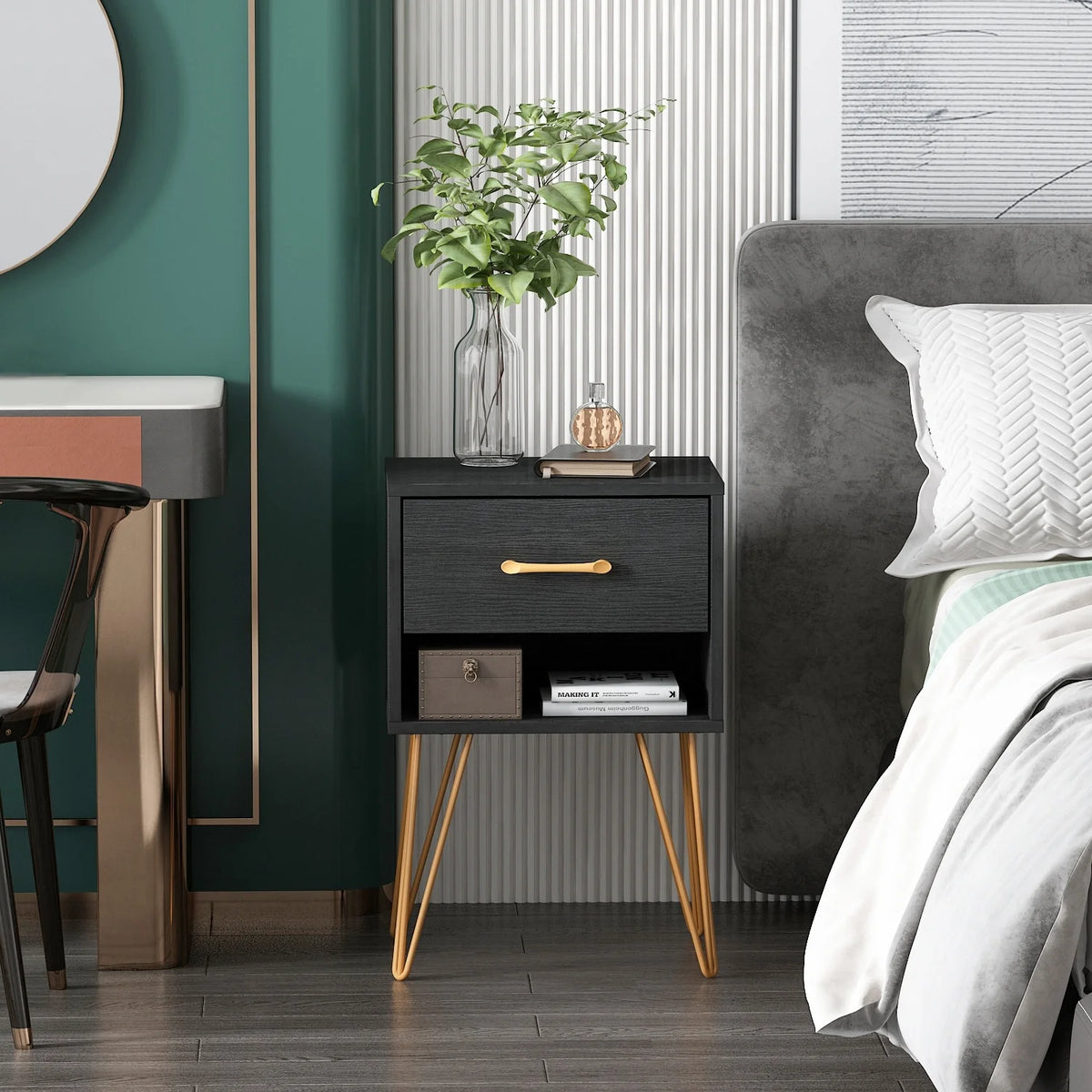 Black 1 Drawer Wood Nightstand with Metal Legs N224203