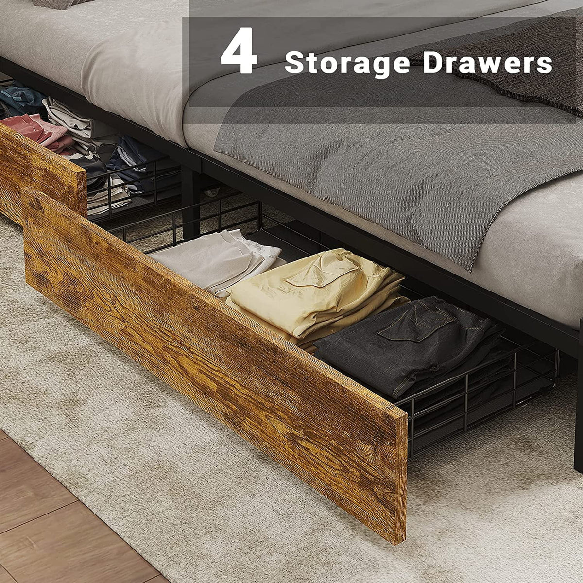 Rustic Brown Full Size Metal Platform Bed Frame with LED Headboard and USB Ports G93376