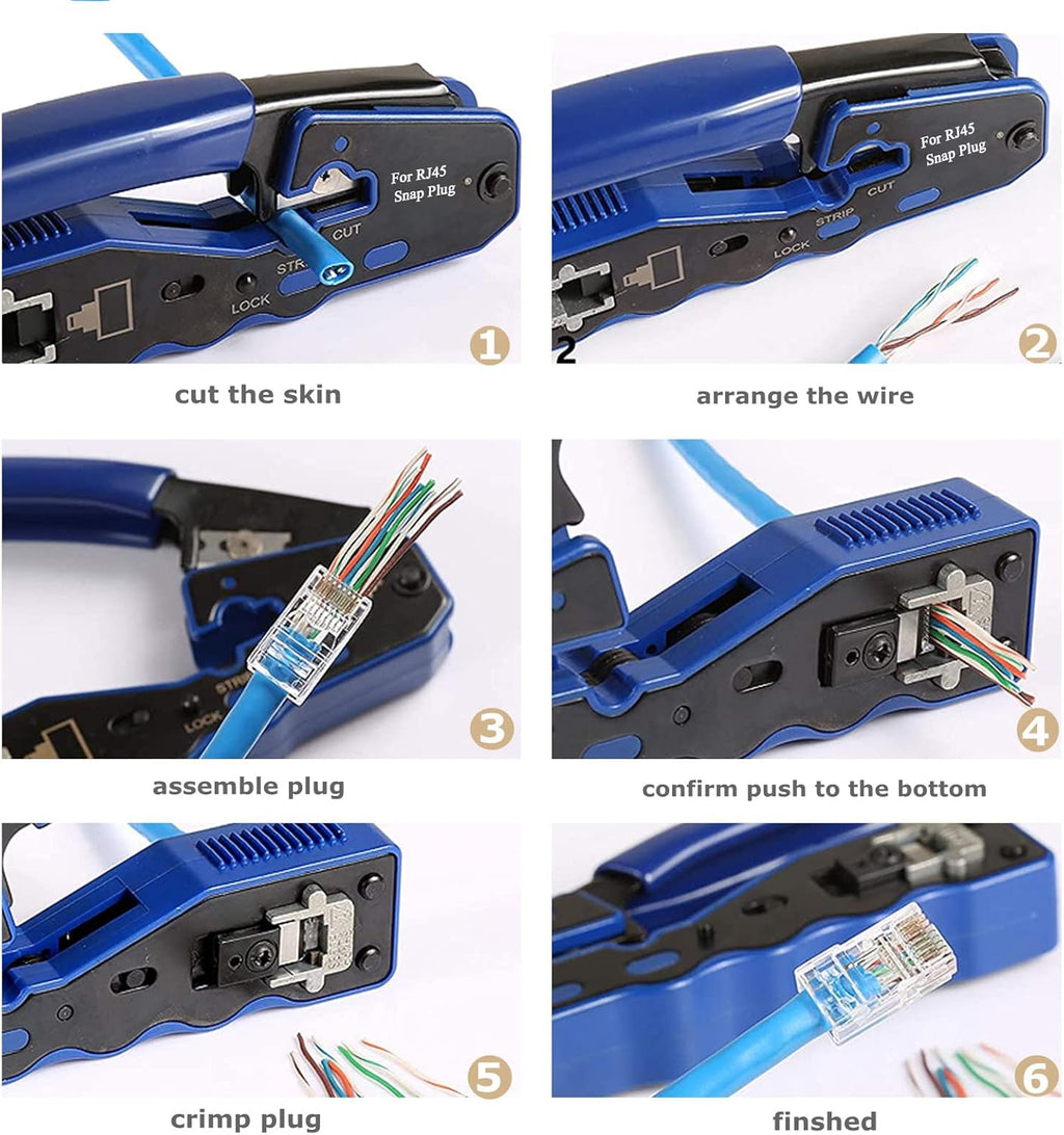 RJ45 Crimp Tool Ethernet Cable Crimper Wire Cutter Stripper Network Pass Through Crimping Tool Kit for Cat5e Cat6 Cat6a, 50Pcs Cat6 Connector & 50Pcs Cat6 Protector Cover F73006