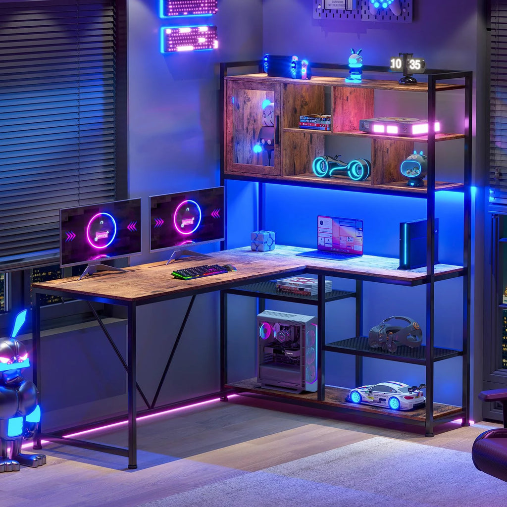 L Shape Computer Desk with LED Light and Bookshelf Y591