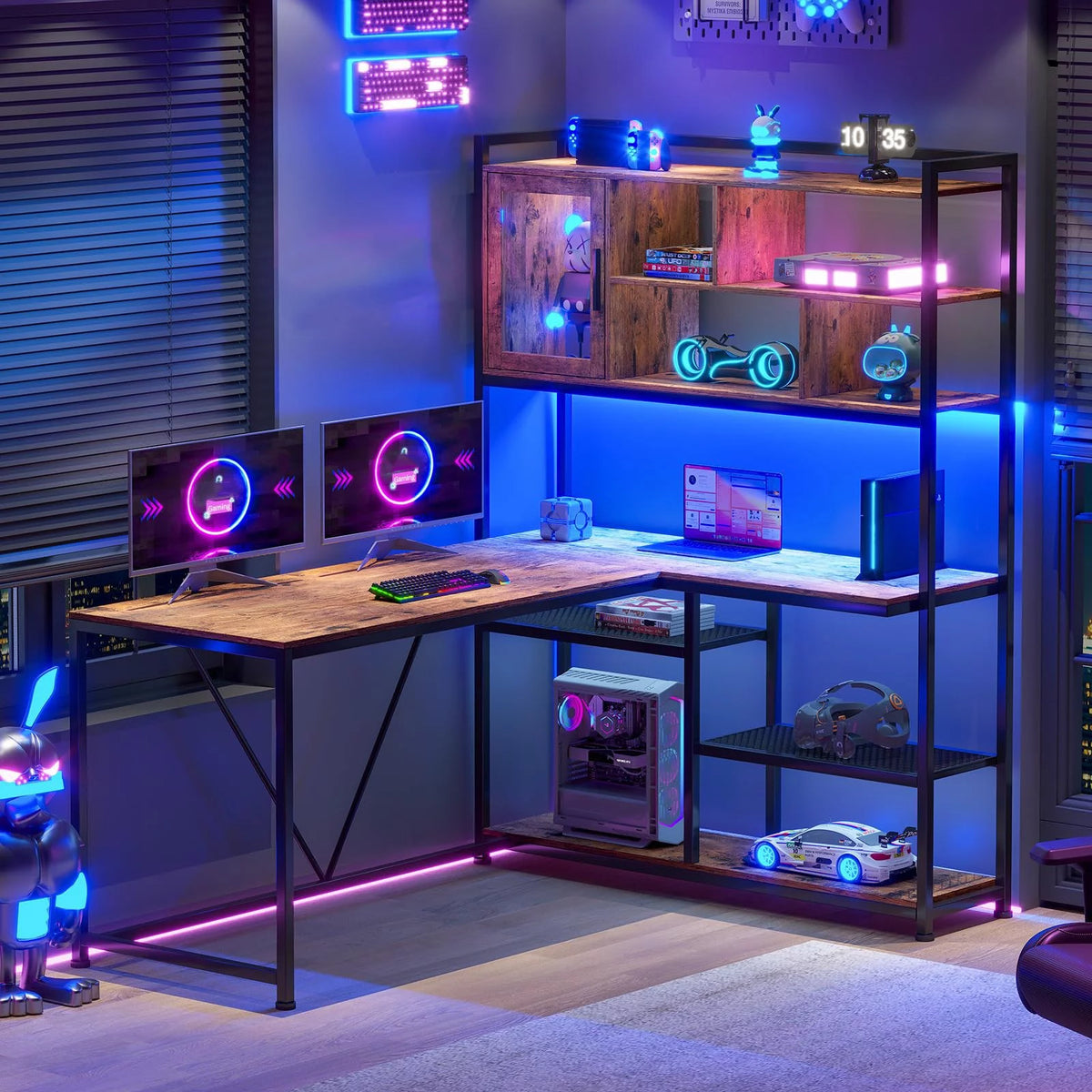 L Shape Computer Desk with LED Light and Bookshelf Y591