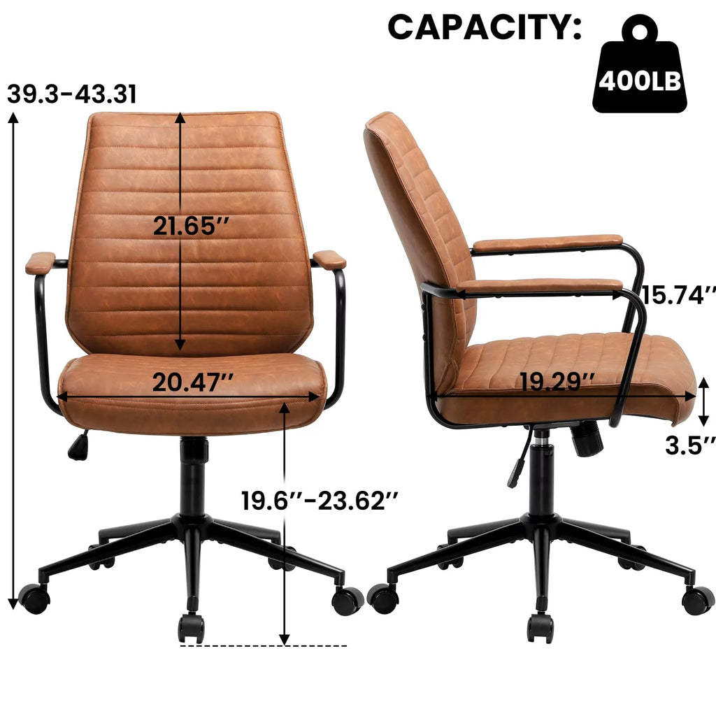 Brown Leather Office Chair with Wheels and Armrest W114