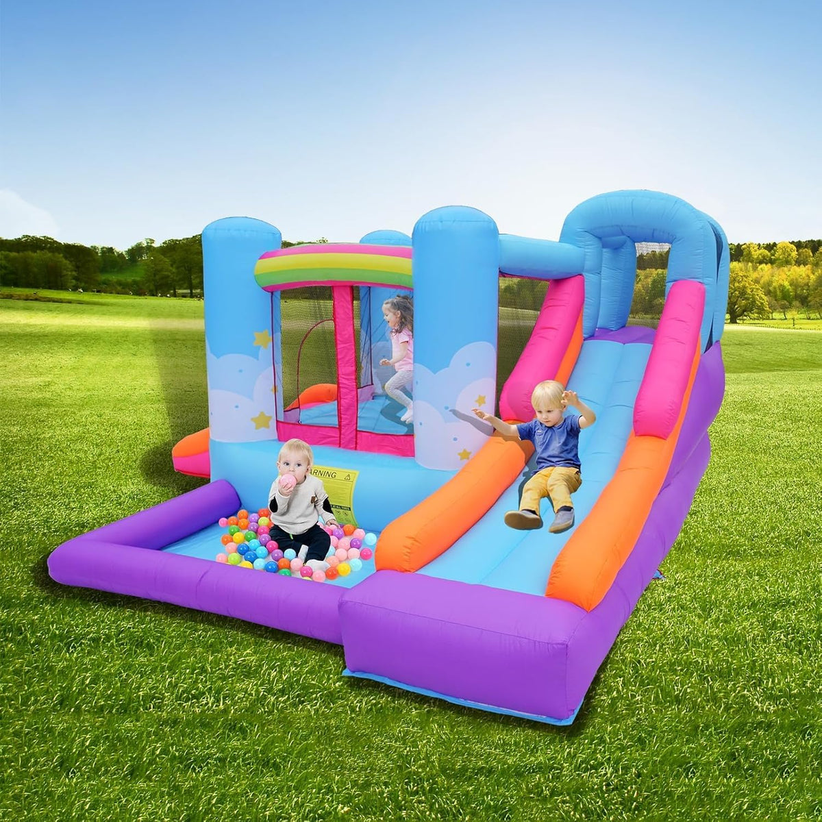 Inflatable Bounce House with Air Blower, Ball Pit, Slides, Reinforced PVC Bounce Floor R114