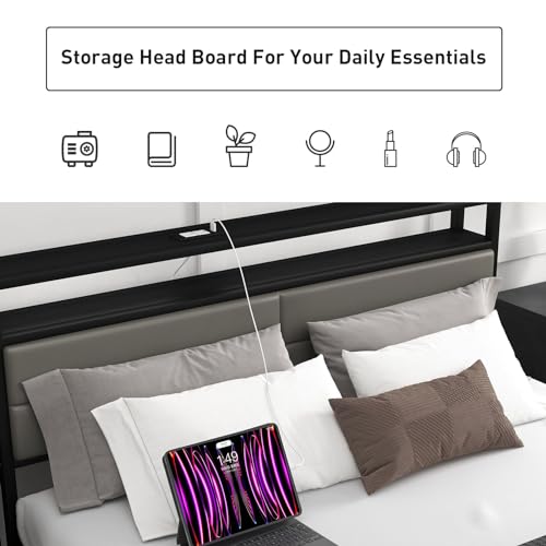 Grey Full Size Bed Frame with 4 Storage Drawers Y518