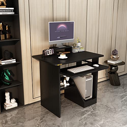 Black Computer Desk with Shelves and Keyboard Tray E655