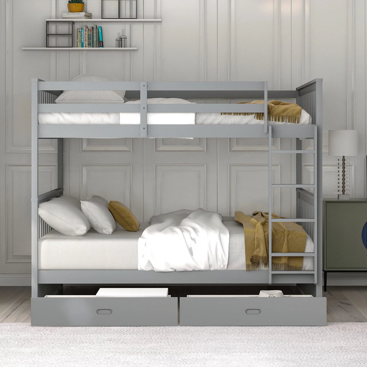 Full over Full Bunk Bed with Ladder and 2 Drawers, Gray X163