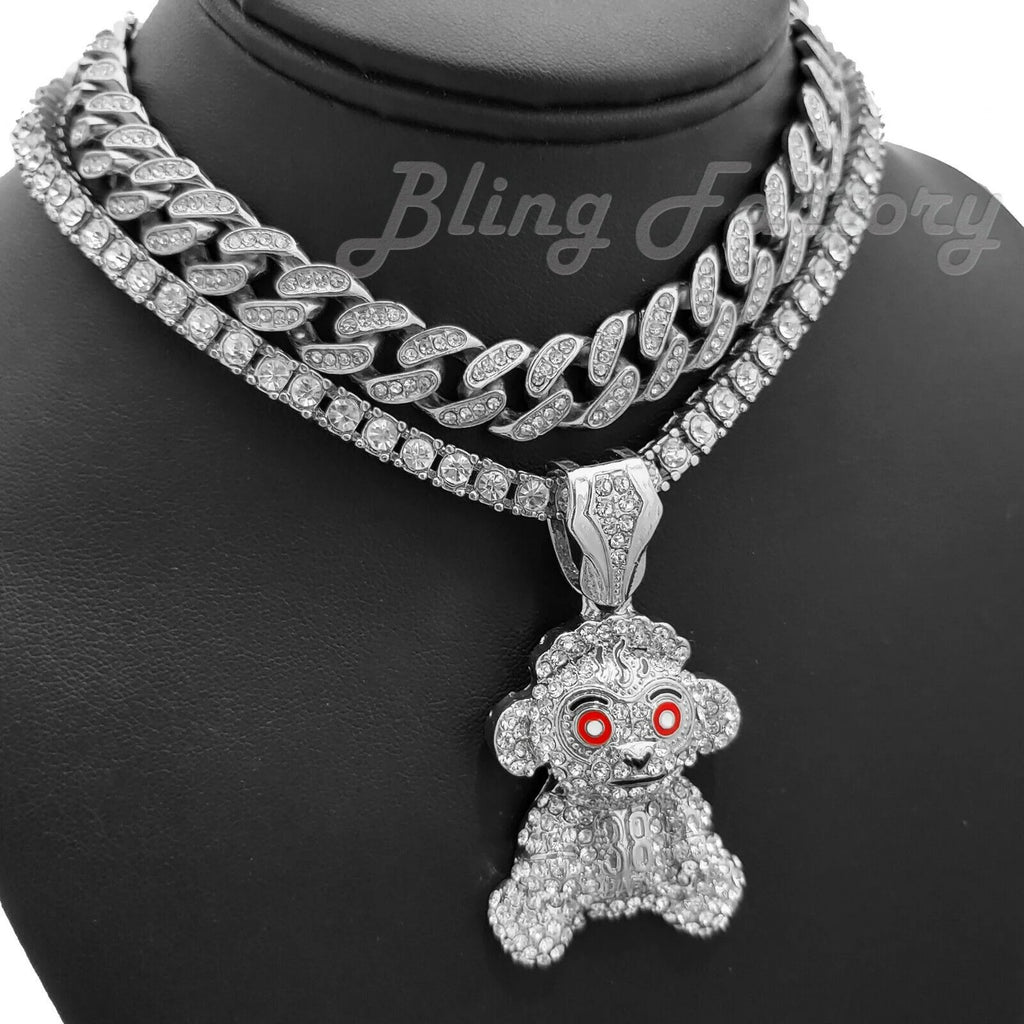 Monkey Pendant 18" Tennis & Cuban Choker Chain Necklace S452973