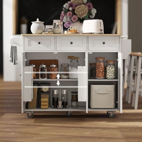 White Rolling Kitchen Island with Wood Top, 3 Drawers, Adjustable Shelf M77617