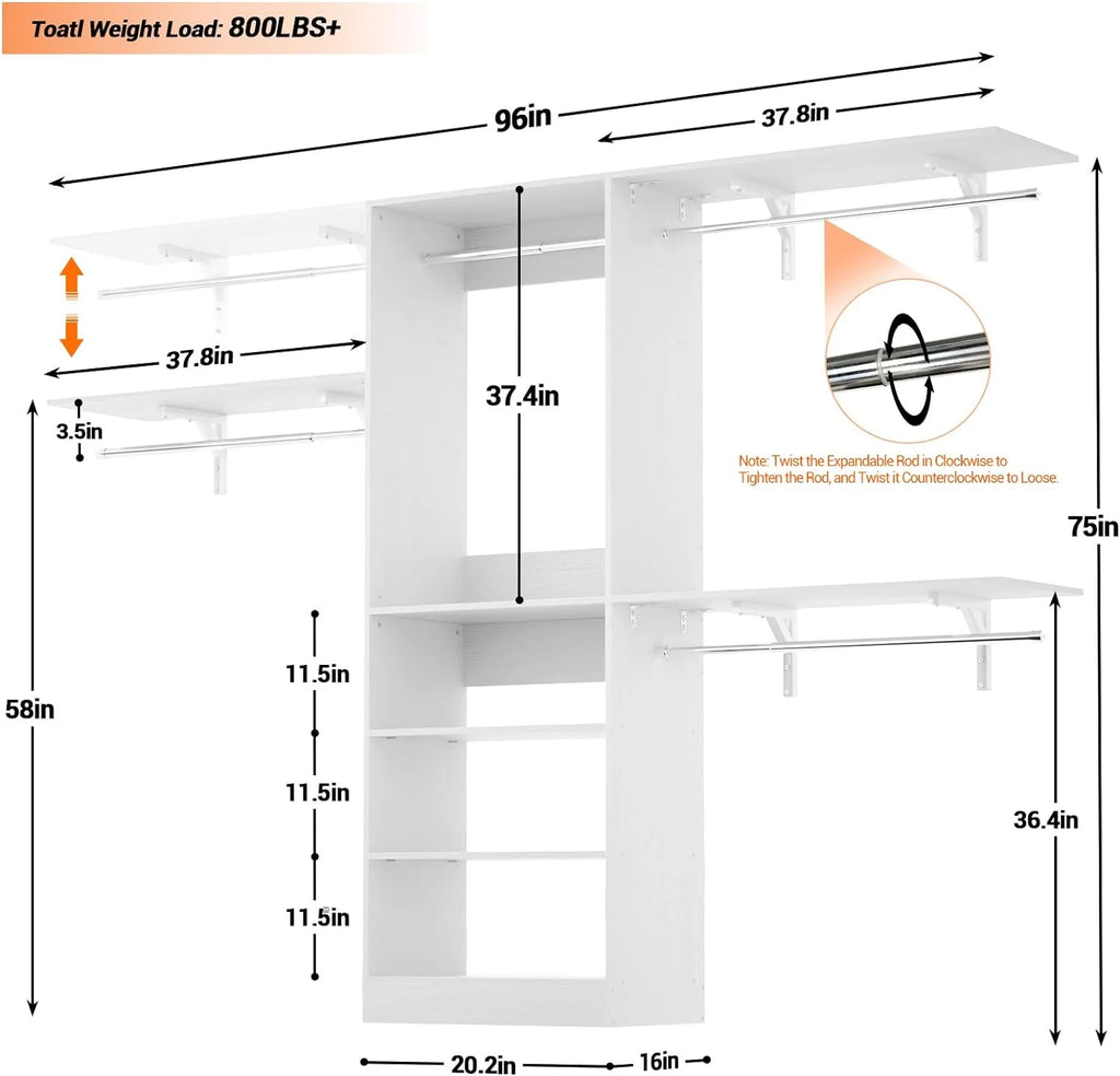 96'' White Closet System with 3 Shelving Towers Z60496