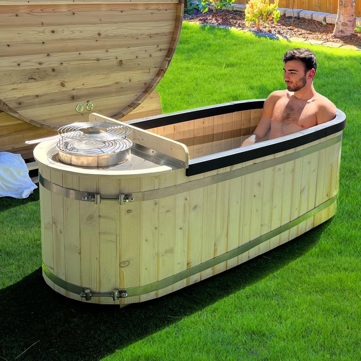 Natural Pine Wood Hot Tub 2 Persons 132 Gallons with Charcoal Stove J20915