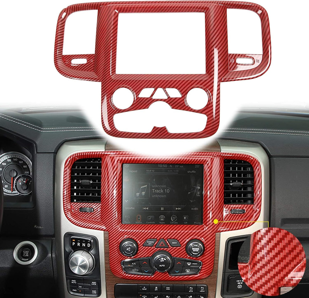 Red Carbon Fiber ABS Center Control Touch Screen Trim Cover for Dodge RAM 2011-2017 B98848