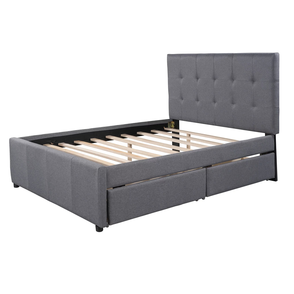 Gray Upholstered Full Size Platform Bed with 2 Drawers B5646