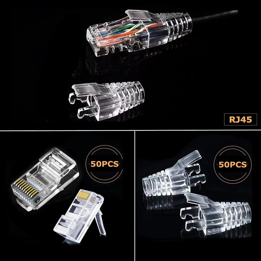 RJ45 Crimp Tool Ethernet Cable Crimper Wire Cutter Stripper Network Pass Through Crimping Tool Kit for Cat5e Cat6 Cat6a, 50Pcs Cat6 Connector & 50Pcs Cat6 Protector Cover F73006