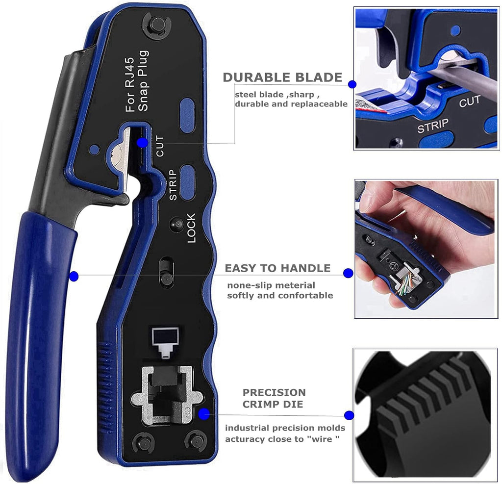 RJ45 Crimp Tool Ethernet Cable Crimper Wire Cutter Stripper Network Pass Through Crimping Tool Kit for Cat5e Cat6 Cat6a, 50Pcs Cat6 Connector & 50Pcs Cat6 Protector Cover F73006