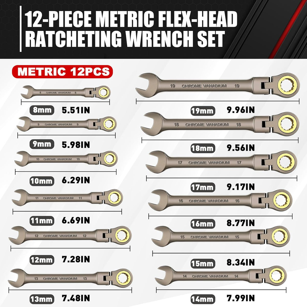 12-Piece 180° Metric Flex-Head Ratcheting Wrench Set K44444
