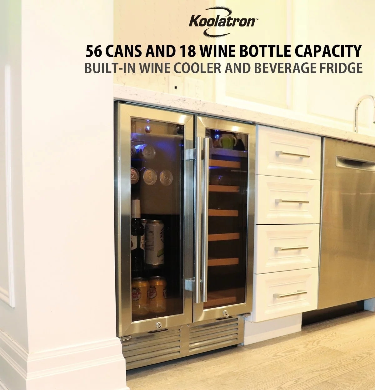 18 Bottles and 56 Cans Built-In Under-Counter 24 Inch Dual Zone Wine Cooler and Beverage Fridge J12445