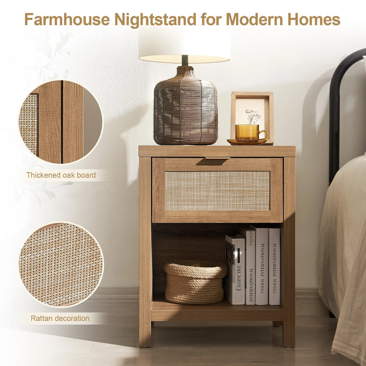 Oak Rattan Nightstand Set of 2 with Drawer and Storage Shelf I755471