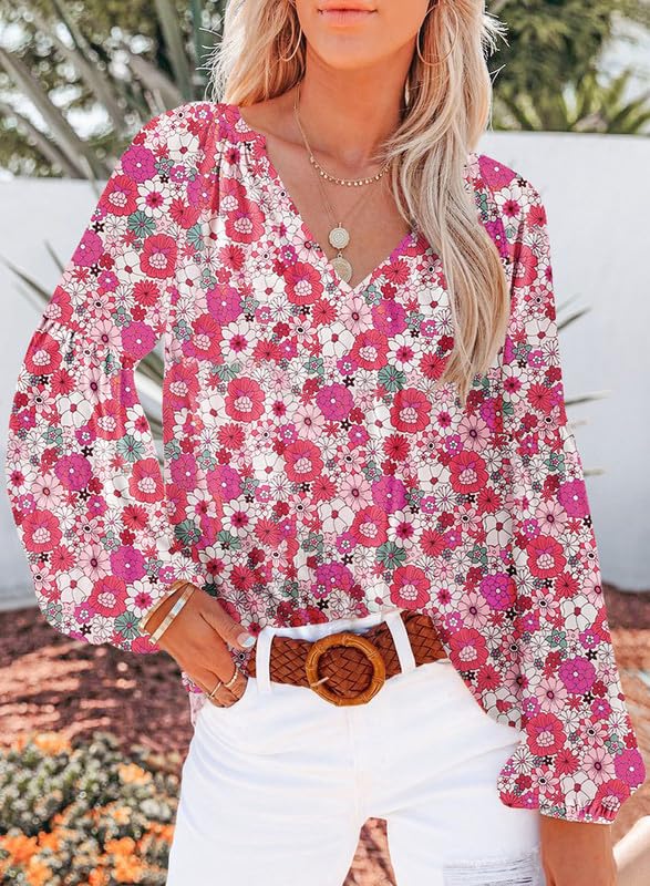 Women's Floral Print V Neck Long Sleeve Loose Blouses Tops C5448