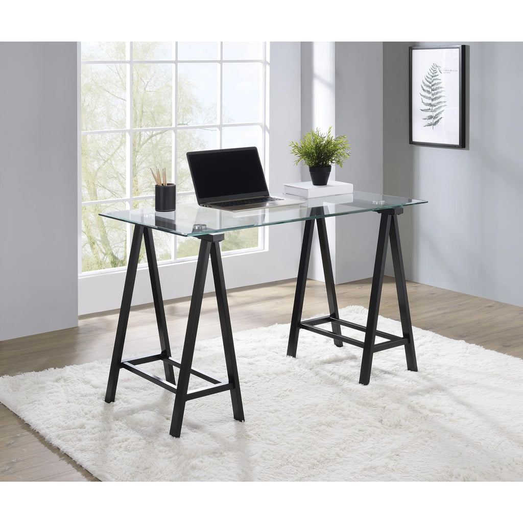 Writing Desk with Clear Glass Top and Black Base Y8400