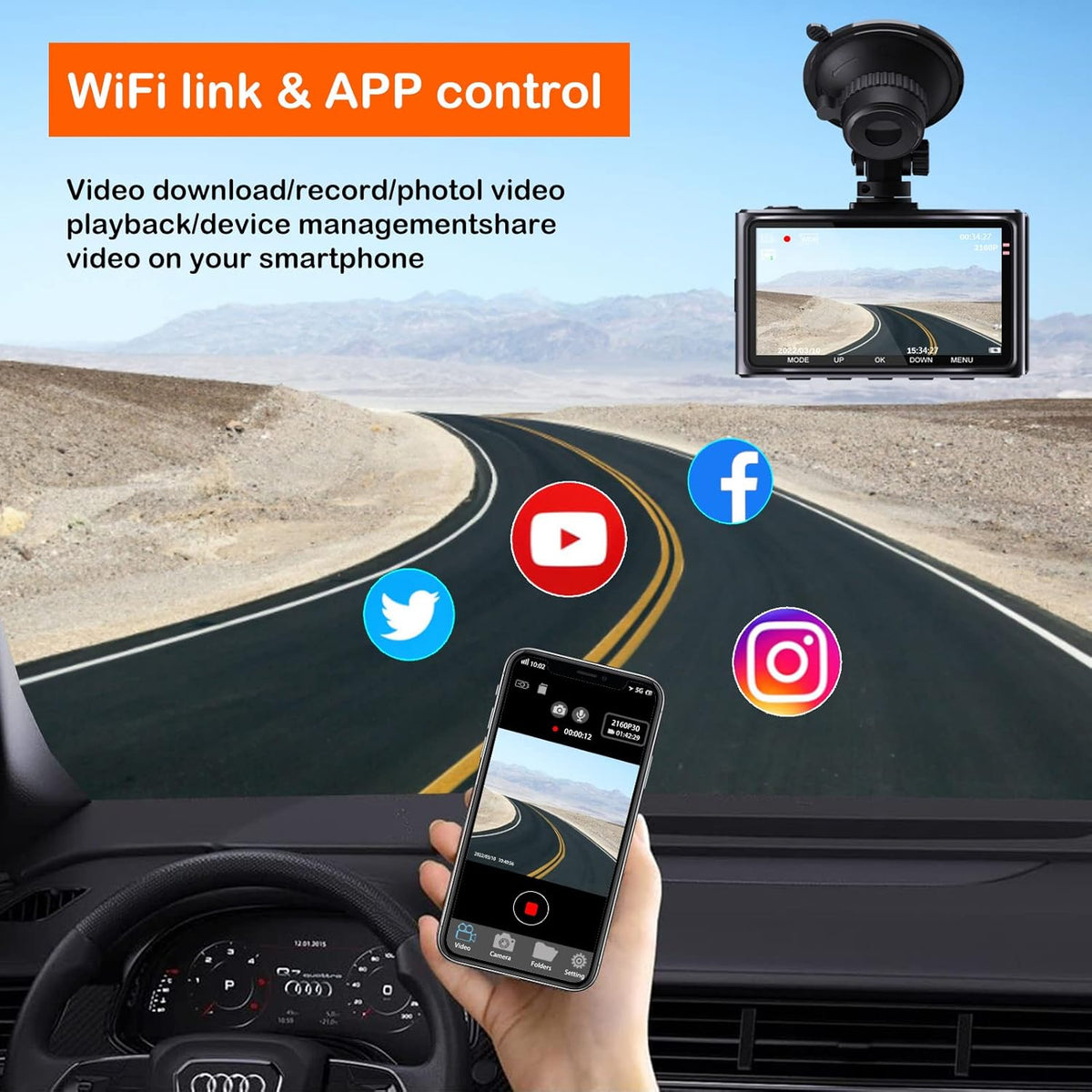 4K Dash Cam with WiFi, 3" IPS Screen, 170° Wide Angle, Parking Monitor Z37043