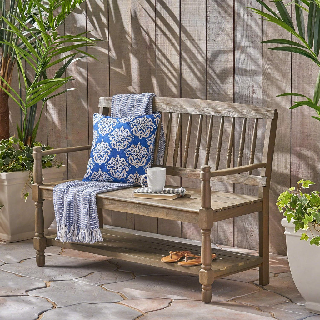Acacia Wood Outdoor Bench with Shelf C1405