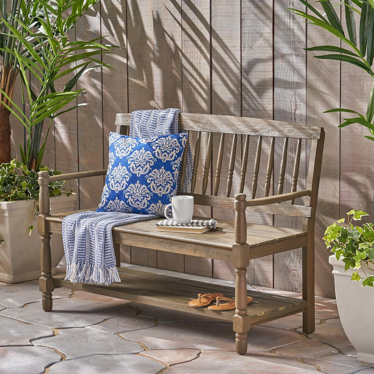 Acacia Wood Outdoor Bench with Shelf C1405