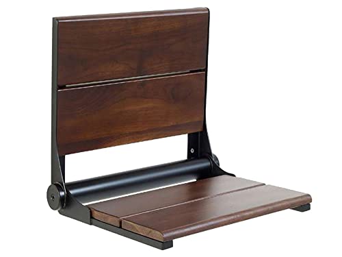 Teak Shower Seat - Type 304 Stainless Steel/Contoured 1" Natural Wood Slats/ADA Folding Wall Mount Bench/Matte Black / 18" x 16" B52347