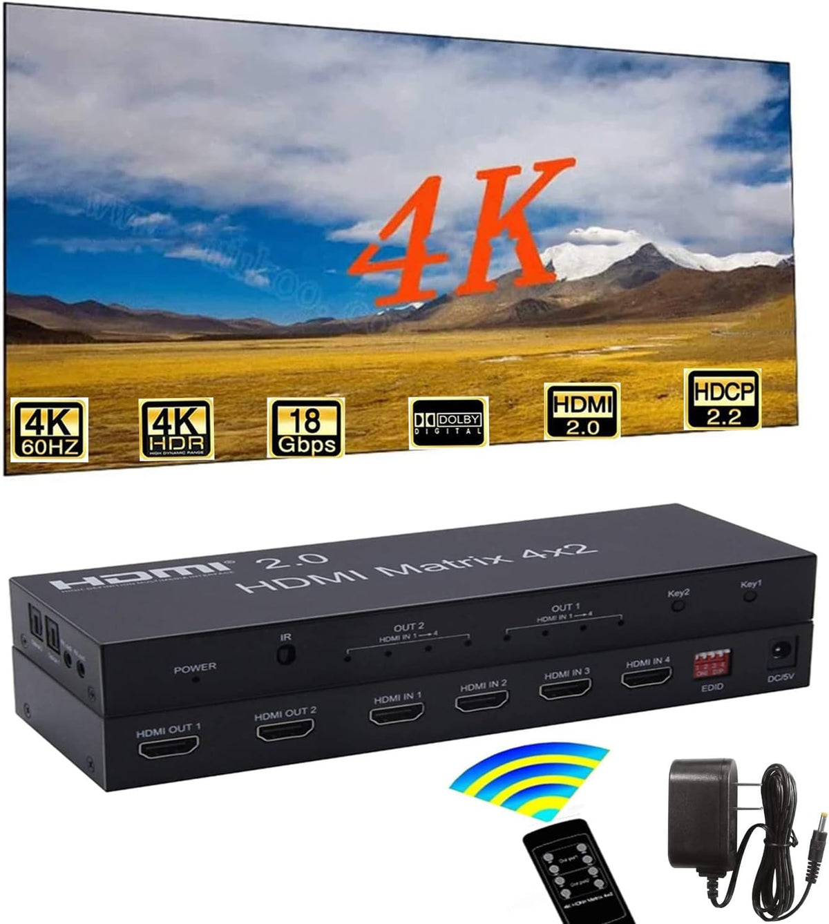 4K HDMI 2.0 Matrix 4X2 Switch with Optical & L/R 3.5mm Output, IR Remote Control, Pack of 2 Q870