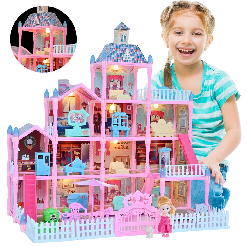 285 PCS 12 Rooms Dollhouse with LED Lights Furniture and Accessories F644
