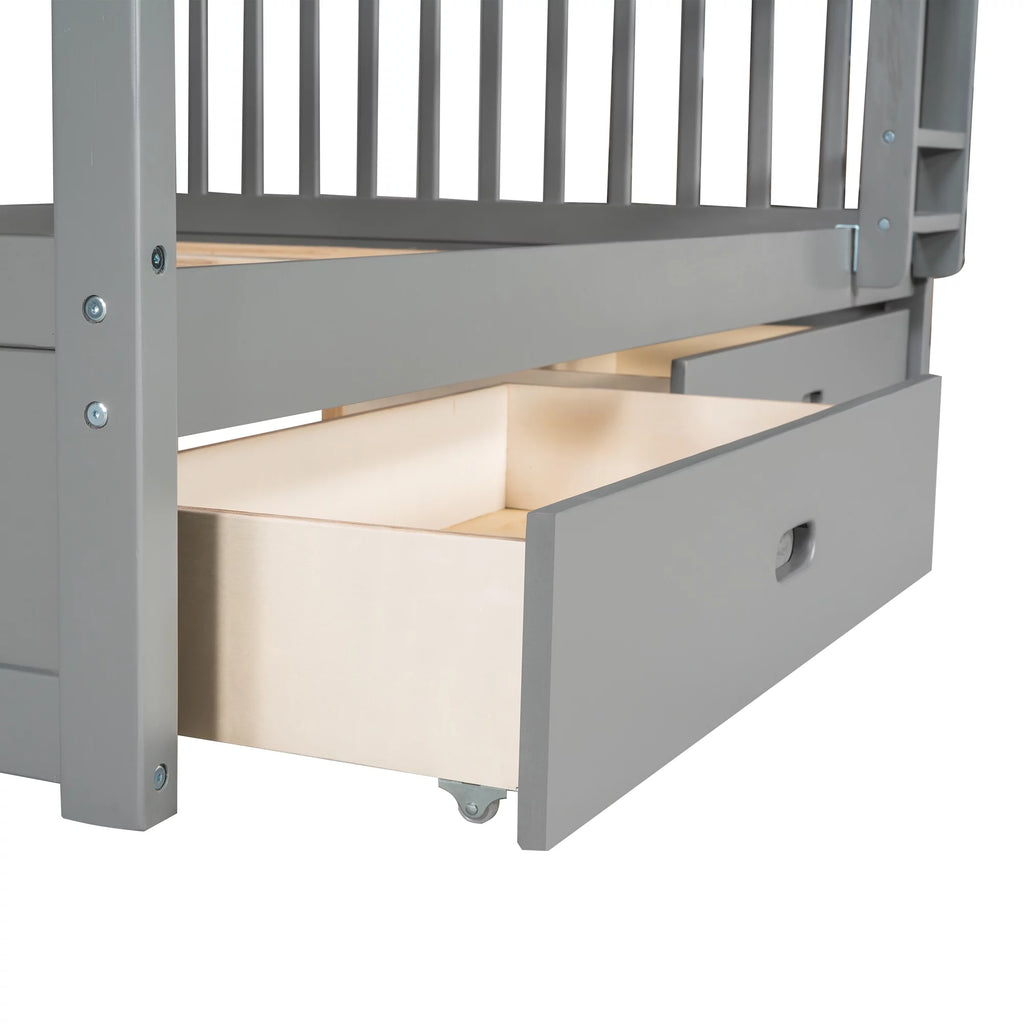 Full over Full Bunk Bed with Ladder and 2 Drawers, Gray X163