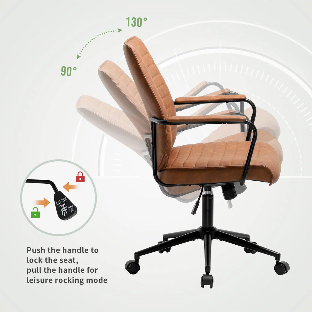 Brown Leather Office Chair with Wheels and Armrest W114